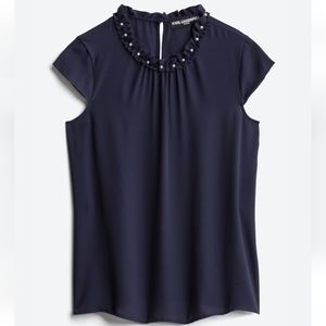 Karl Lagerfeld Paris pearl neckline navy blouse